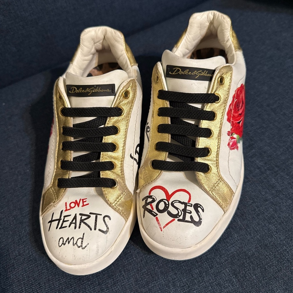 Dolce & Gabbana White and Gold Sneakers with Red Accents